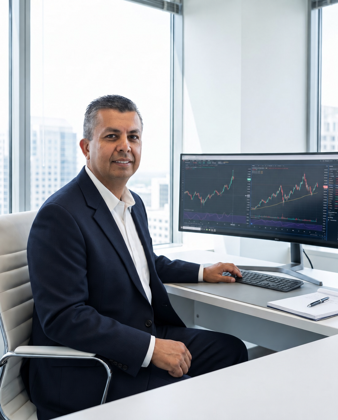 Javier reviewing financial data